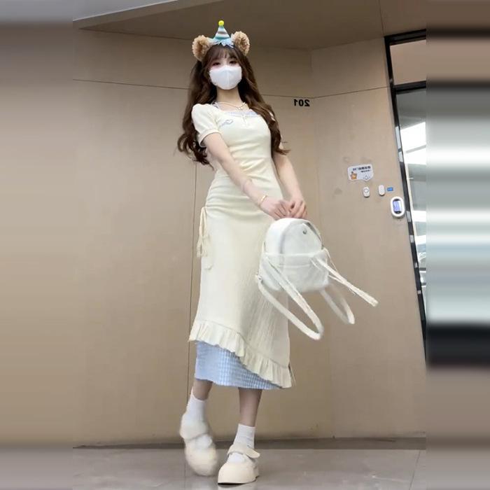 

French fake two-piece neck sling dress women s summer new small waist pleated dress S