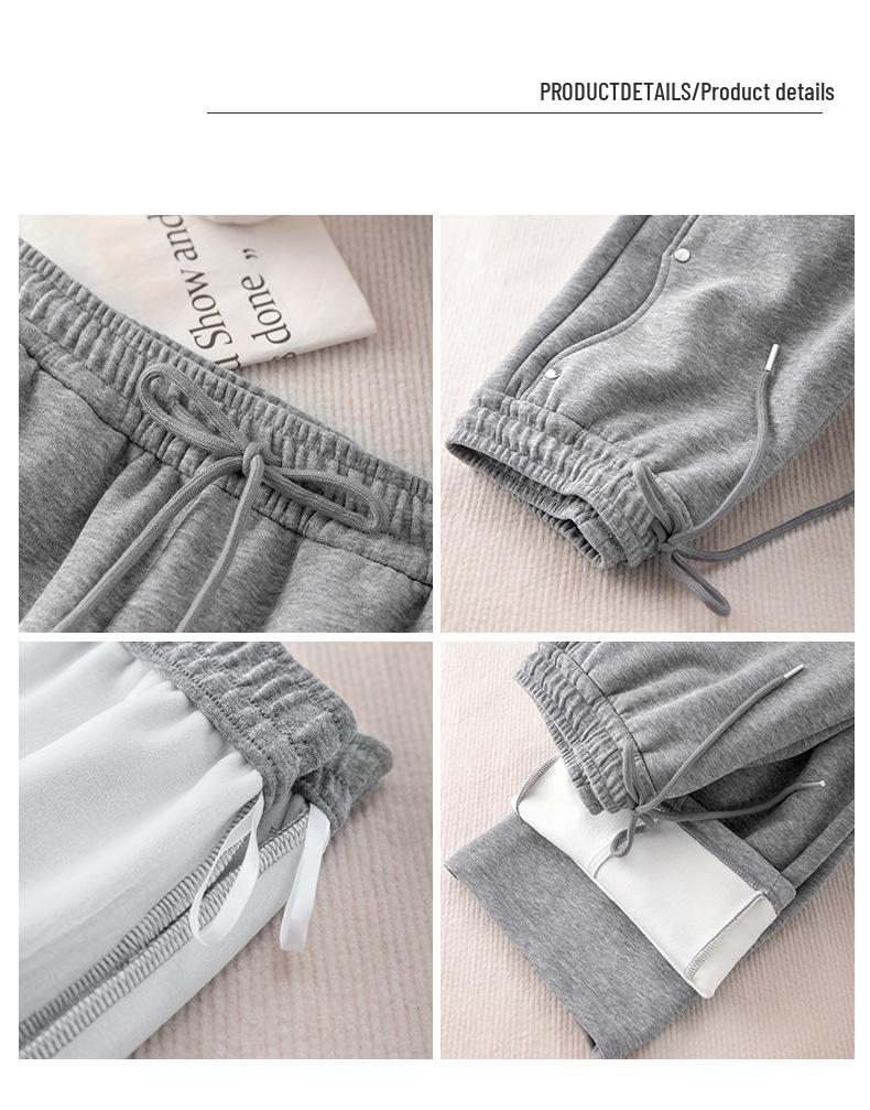 Pantalones de chándal grises de pierna ancha de cintura alta adelgazantes estilo americano para mujer - Primavera Engrosados con Felpa Ajuste Petite