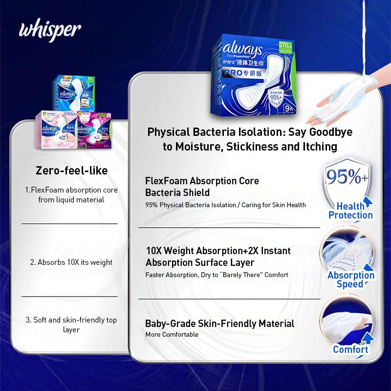 Whipser FlexFoamPro Ultimate Protection Sanitary Napkins (Liquid Core & Physical Bacterial Barrier Technology)270Mmm -9pcs