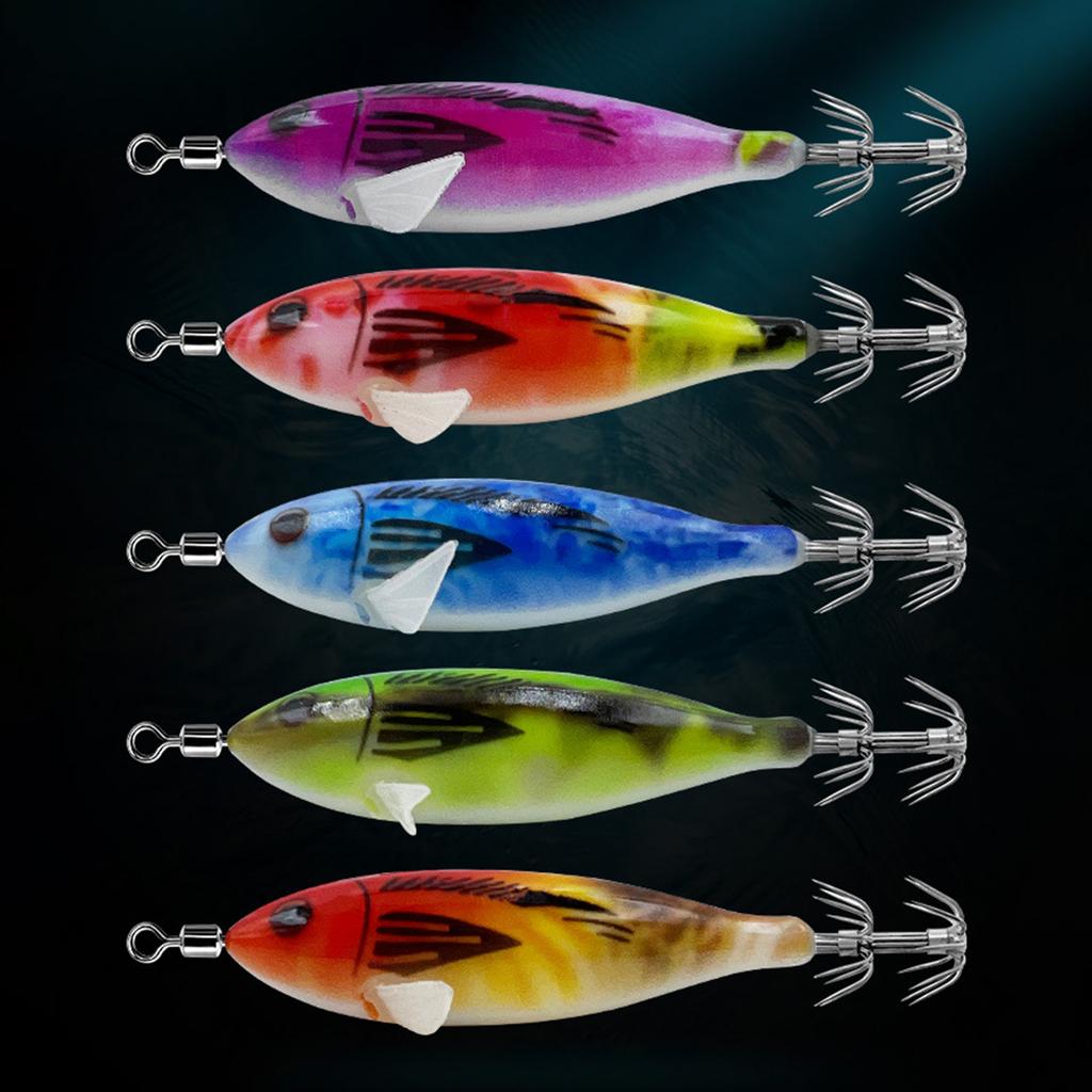 5Pcs 8cm Luminous Squid Jig Hook Fishing Lure Wood Shrimp Cuttlefish Hard Bait Artificial Fake Octopus Lures for Night Fishing