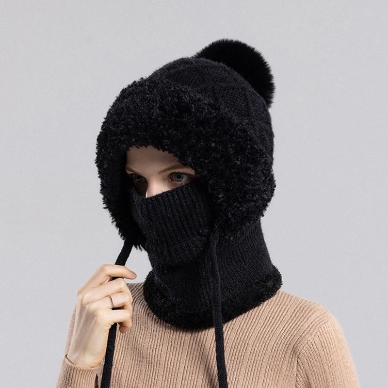 2in1 Winter Warm Ear Flap Scarf Hat Women Knit Hooded Balaclava Hat with Plush Liner Outdoor Activity Pullover Skull Hat
