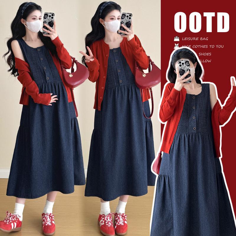2026 Spring/Summer Maternity Denim Vest Dress & Red Knit Cardigan Set M