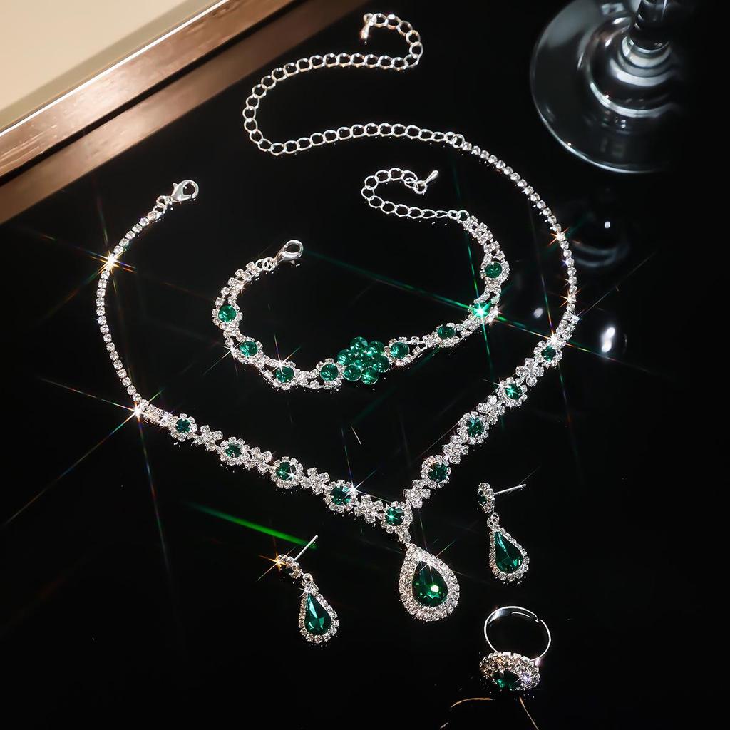 European & American Multi-Color Rhinestone Jewelry Set: Green, Blue & Red Necklace, Earrings, Bracelet & Ring