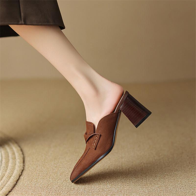 Fashion 2025 Summer Women Shoes Genuine Leather Shoes Women Simple Retro Women Slippers Chunky Heel Shoes Square Toe Slippers Mules