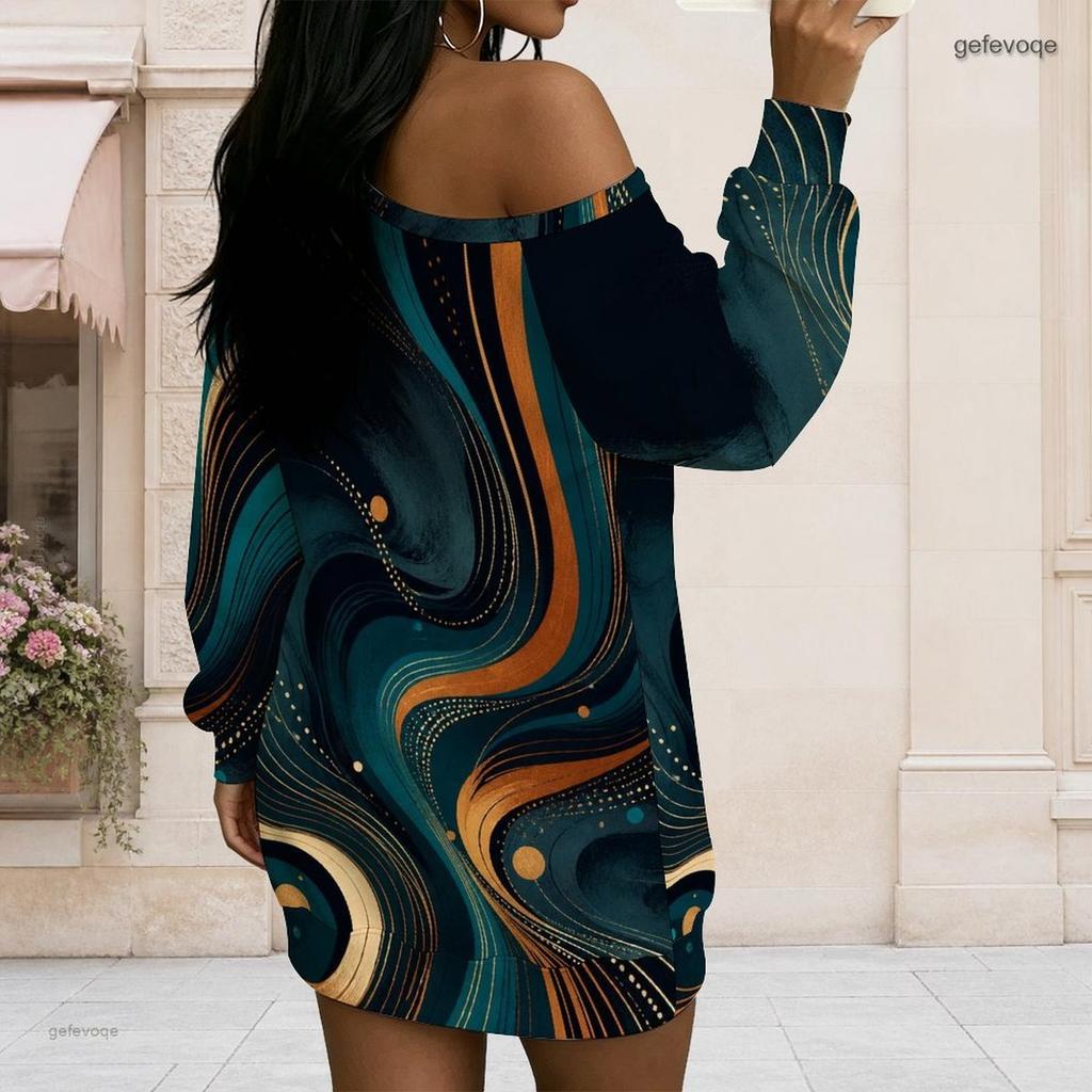 Women Plus Size One Shoulder Long Sleeve Galaxy Print Loose Tunic Dress