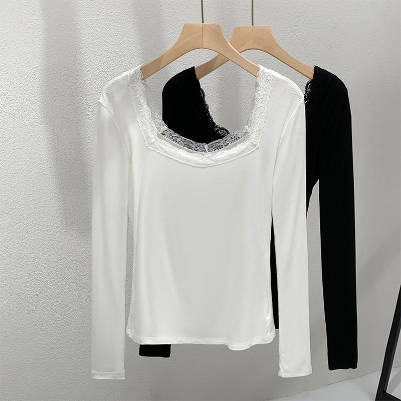 Threaded Bottomed Shirt Women's New Women's Clothing Lace Lace Splicing Square Collar Inner Long Sleeve Waist Top