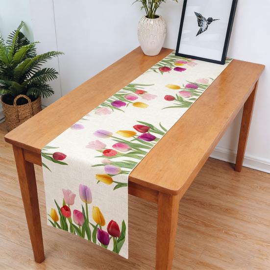 Tulip Table Runner Spring Summer Floral Linen Tablecloth Blooming Flowers Table Protector for Dining Table Home Farmhouse Decor Picnic Party