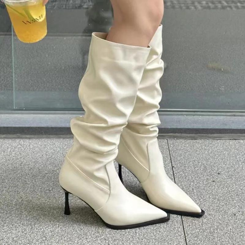 Moda 2024 Modne buty damskie Wsuwane Damskie Kozaki Zimowe Utrzymujące Ciepło Szpiczasty Nosek Jednolite Seksowne Szpilki lub Cienkie Obcasy Kozaki Zapatos