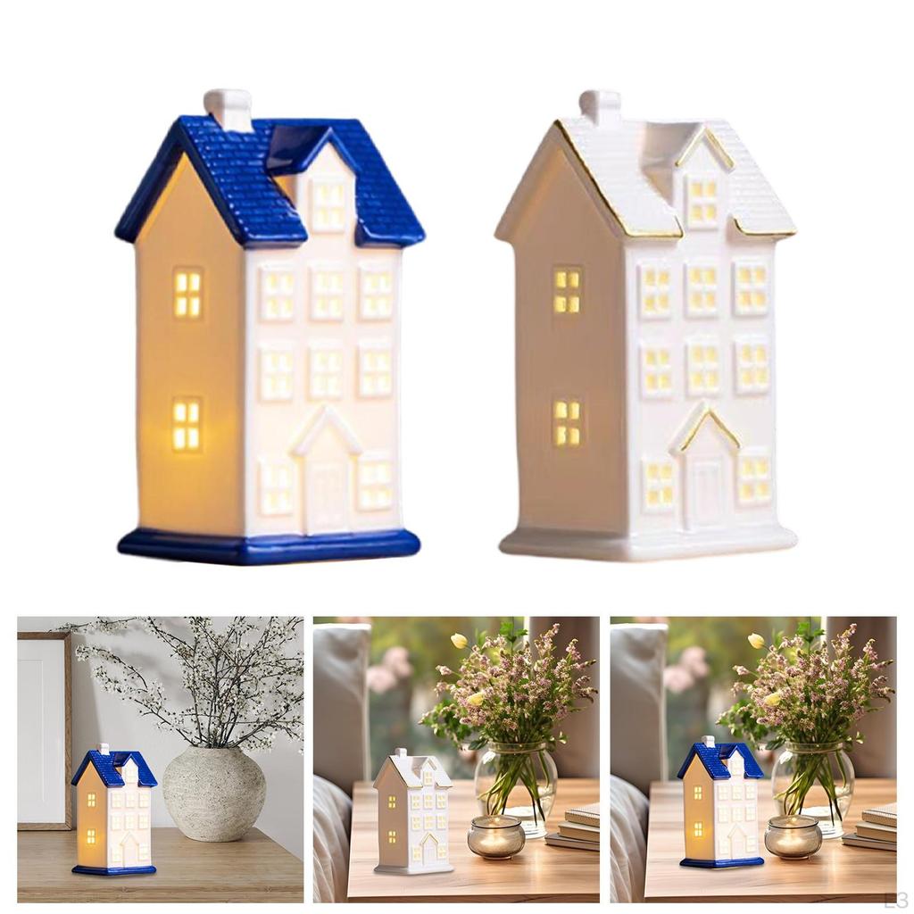 Ceramic Illuminated Cottage Figurine, House Statue, Figurines, Scene, Porcelain, Christmas