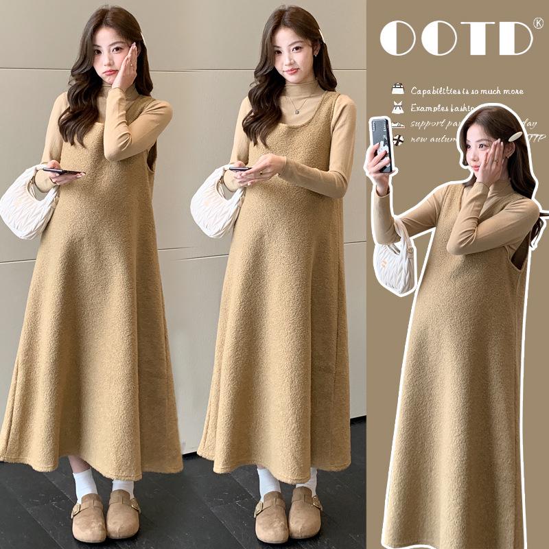 **Elegant Maternity Woolen Vest Dress & Base Layer Set - Plus Size** M