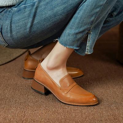 Moda 2024 NOWE Wiosenne Damskie Buty Średnie Obcasy Prawdziwa Skóra Mokasyny Grube Obcasy Szpilki Retro Wsuwane Czarne Buty Damskie