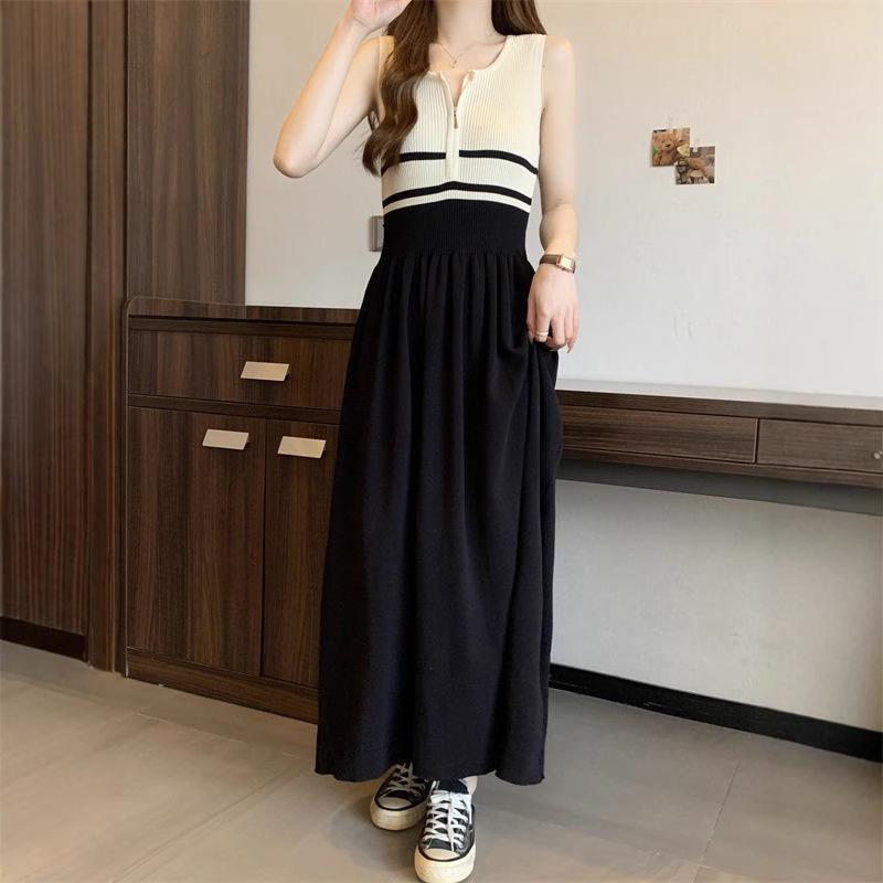 Striped Sleeveless Vest Knitted Dress New Summer Women's Design Sense Waist Cinching Art High-end Feeling Skirt