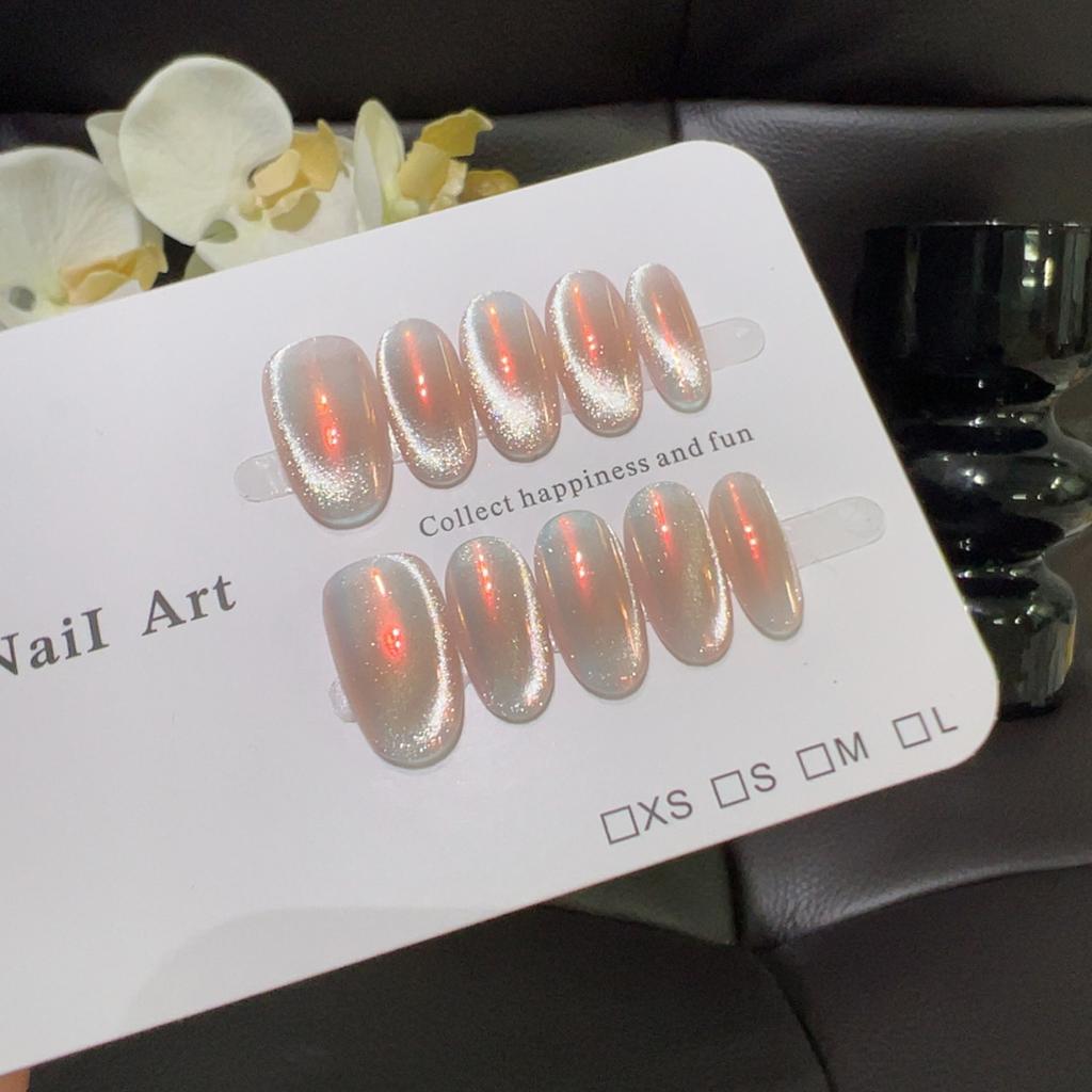10pcs Amber Cat Eye Press on Nails Almond Fake Nails Gold Foil Silver Broken Rhinestone Nail Tip Gradient Pearl French Nail Art