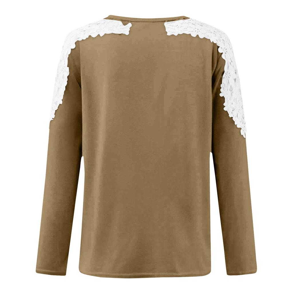 Women's Fashionable Color Patchwork Lace Hollow Out Round Neck Long Sleeved T-Shirt Top