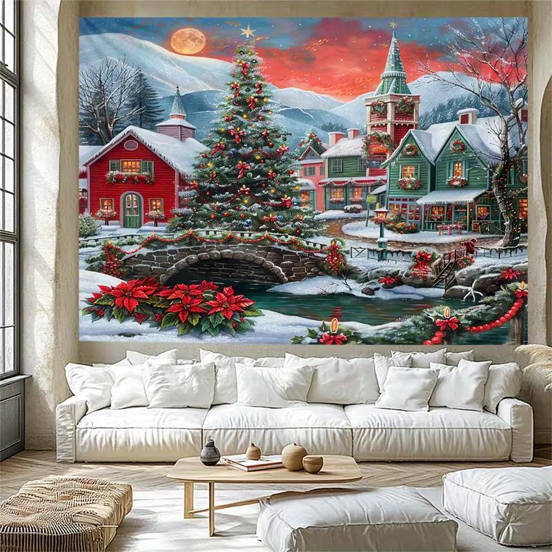 2D Christmas Snowy Mountain Village Wall Tapestry 47.2x31.5inch/120*80cm