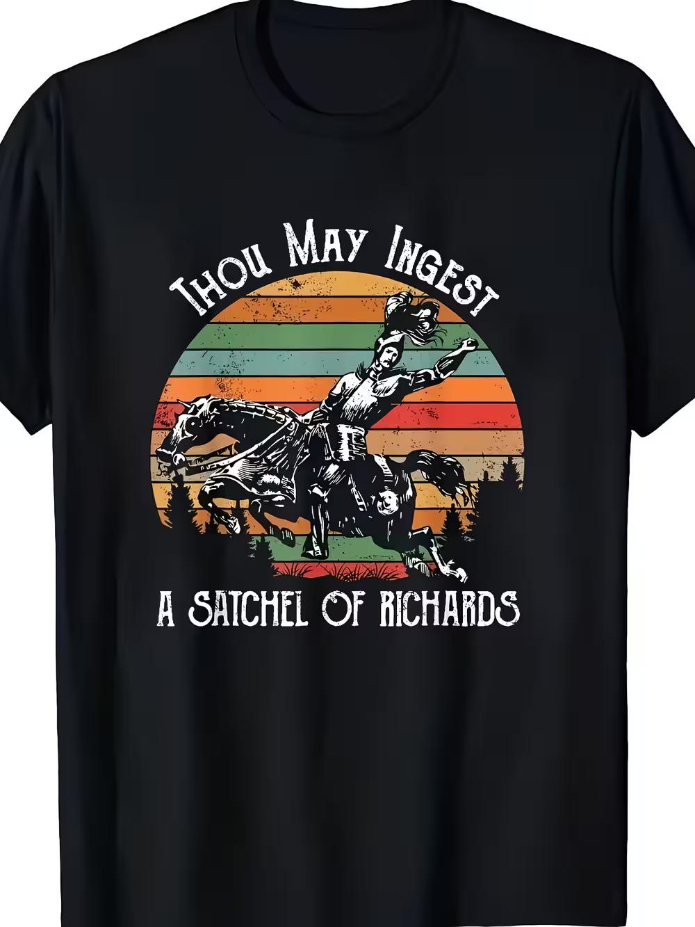 

1pc Black Richard the Lionheart Knight & Satchel Graphic T-Shirt - Retro Medieval Design with Geometric Stripes XL