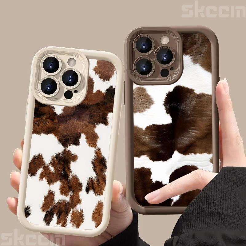 Custodia per Telefono con Fantasia Pelle di Mucca Marrone Vintage per iPhone 16 Pro Max 15 14 13 12 11 16E 7 8 Plus X XS XR Cover Morbida Antiurto Opaca