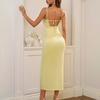 Temperament V-neck satin hollow suspender dress, European and American sexy backless strap waist and thin medium and long dress