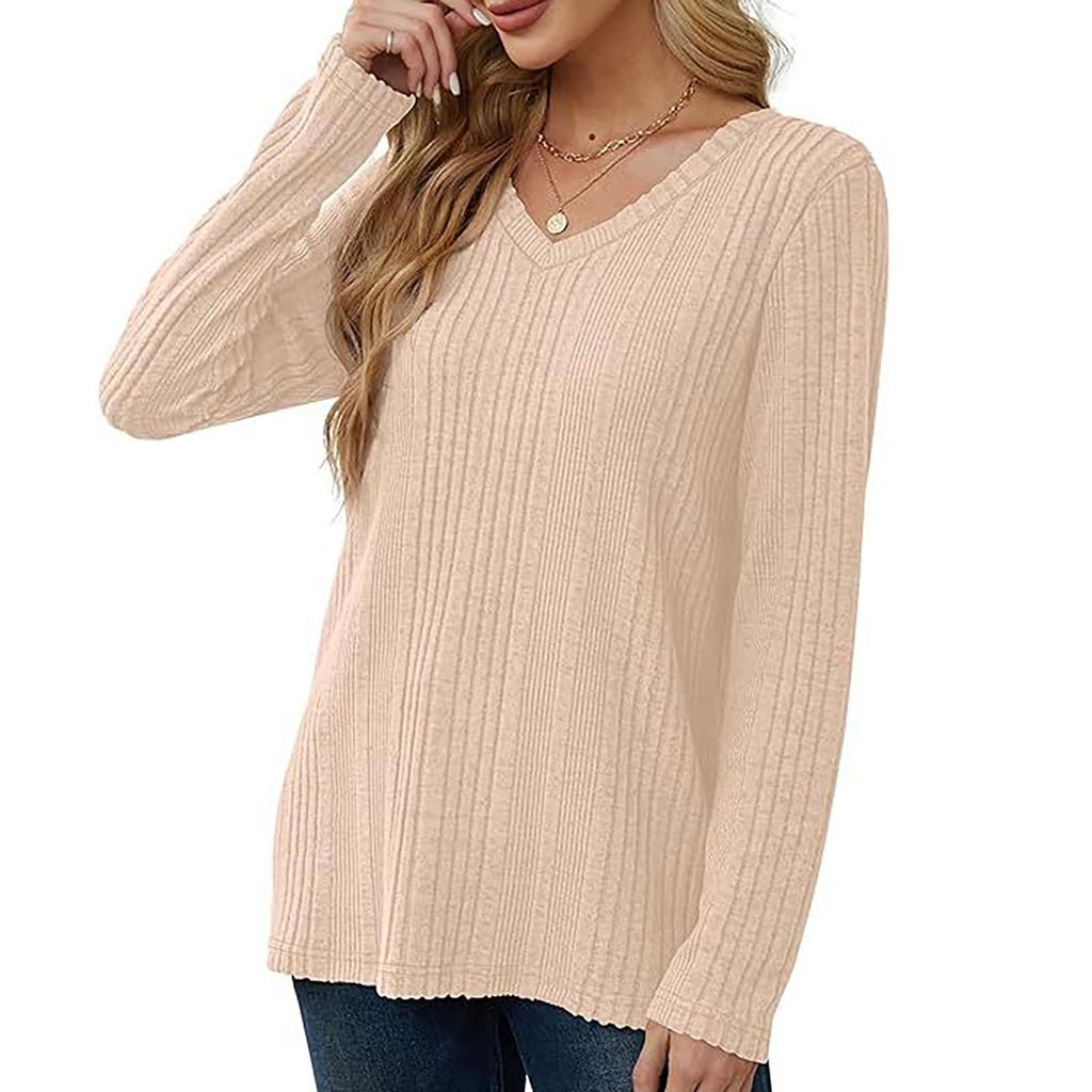 T-shirt décontracté à manches longues et col en V pour femme, couleur unie, haut confortable