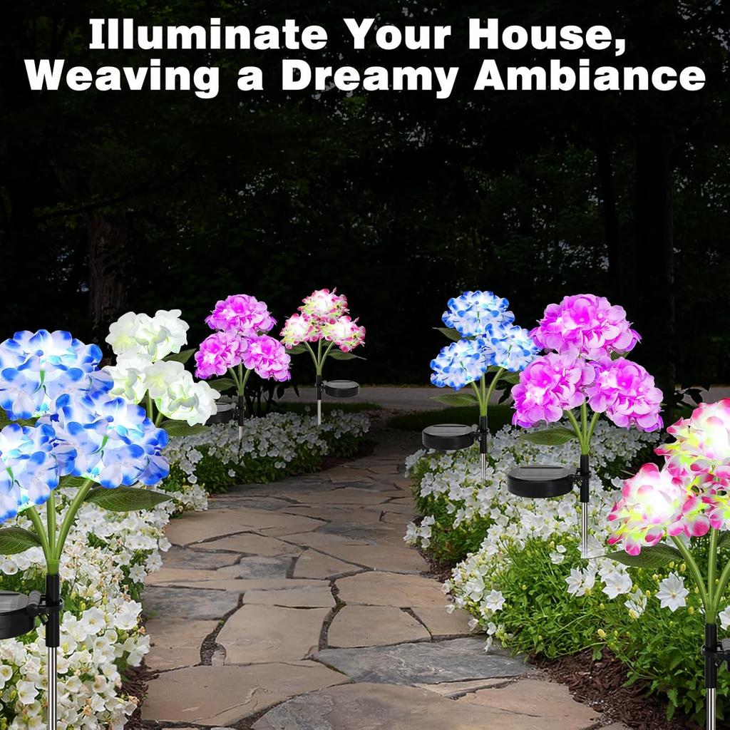 Solar Powered Hydrangea LED Light, Realistic Artificial Solar Garden Light, Semi-Flush Lawn Lamp for Outdoor Courtyard, Pathway