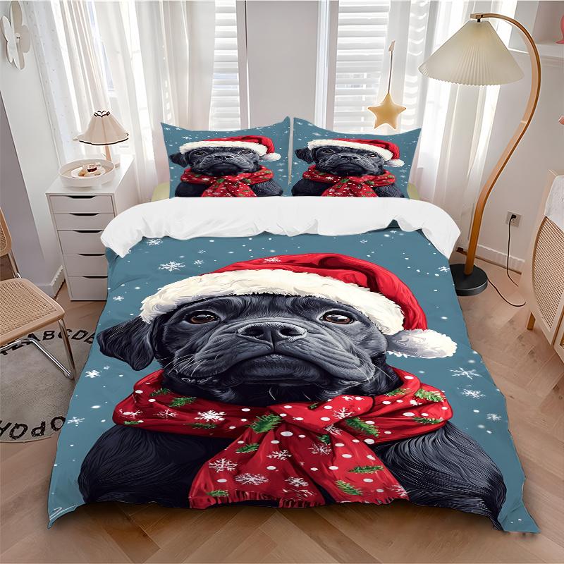 3pc Christmas Pug Dog Santa Hat & Scarf Holiday Home Decor Bedding Set Daily Use 1149a