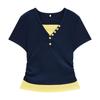 Chic color matching fake two-piece front shoulder short-sleeved T-shirt women's summer new Spice Girl slim-fitting waist short top