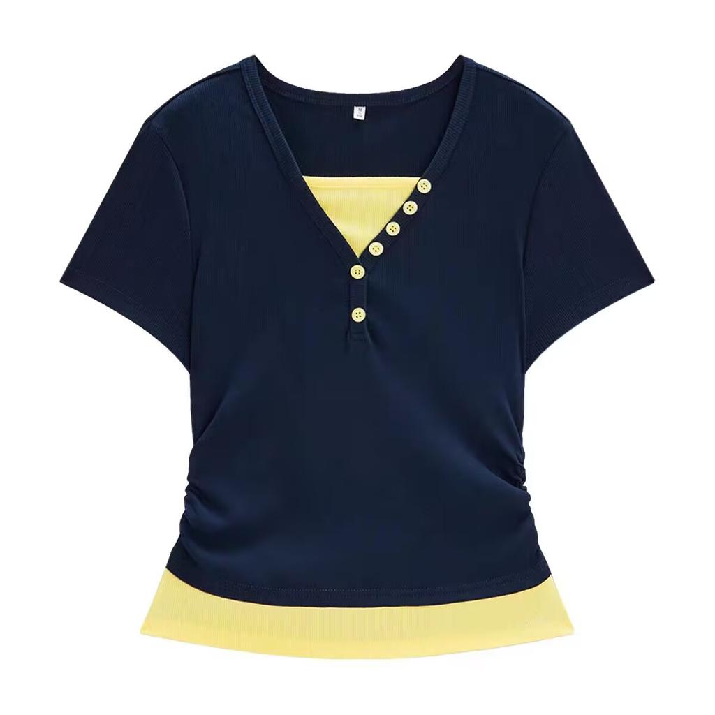 Chic color matching fake two-piece front shoulder short-sleeved T-shirt women's summer new Spice Girl slim-fitting waist short top