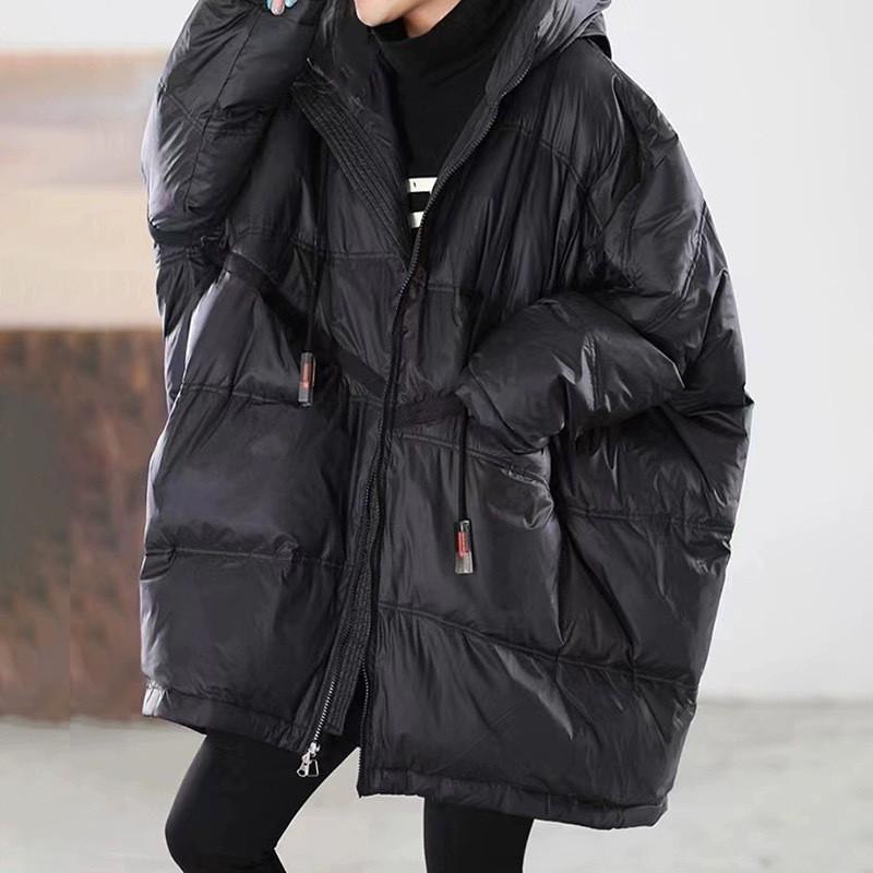 Womens Mid-Length Down Jacket Winter Warm Loose Fit Hooded Coat With Pockets White Duck 50% Fill Power
