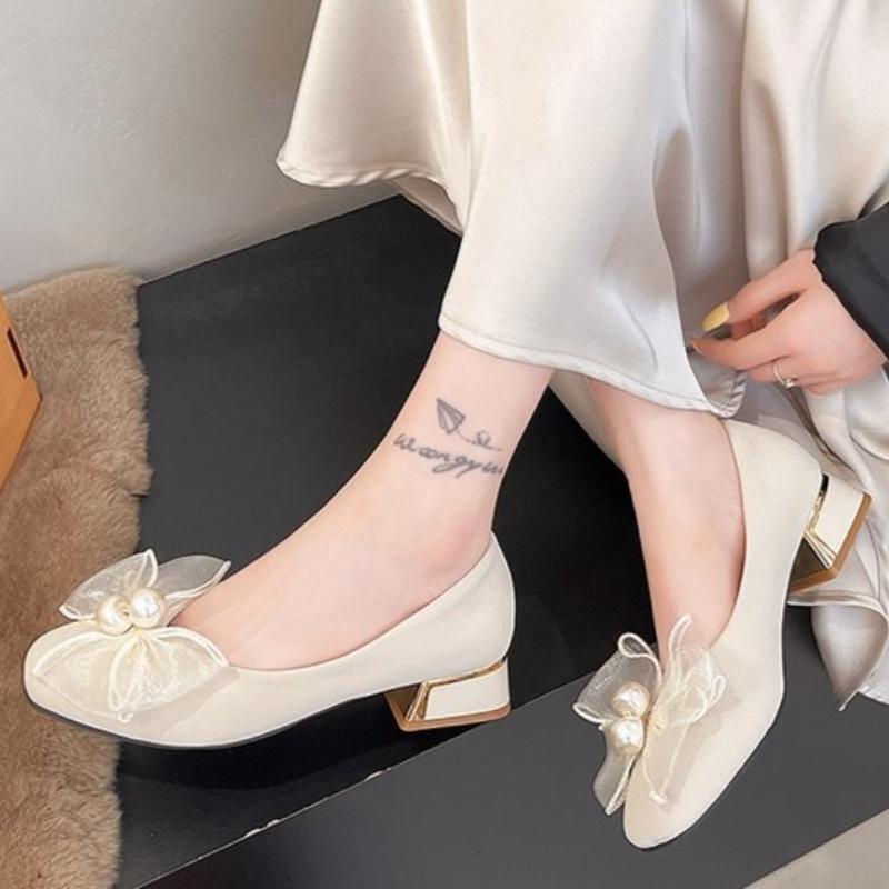 New Spring French Elegance Pearl Flower Chunky Heel Single Shoes Women Autumn Low Cut Gentle Match Skirts  Evening Shoes