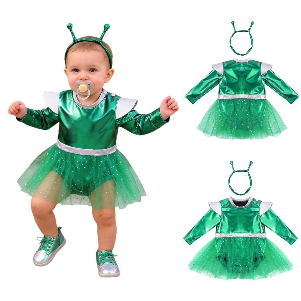Dívčí Cosplay Šaty Mimozemšťan Dlouhý Rukáv Zapínání na Knoflíky v Rozkroku Flitrovaný Tyl Metalické Barevné Bloky s Čelenkou pro Tematickou Párty