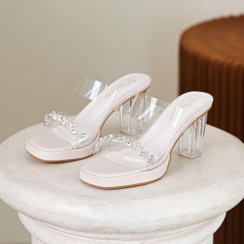 Fashion Summer New Line with High Heels Slippers Waterproof Table Crystal Thick Heels Medium Heels Small Size Transparent Sandals Woman