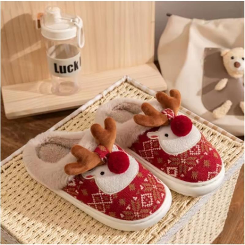 New Winter Lovely Women's Slippers Home Cute Cartoon Cotton Slippers Christmas Deer Non-Slip House Shoes
