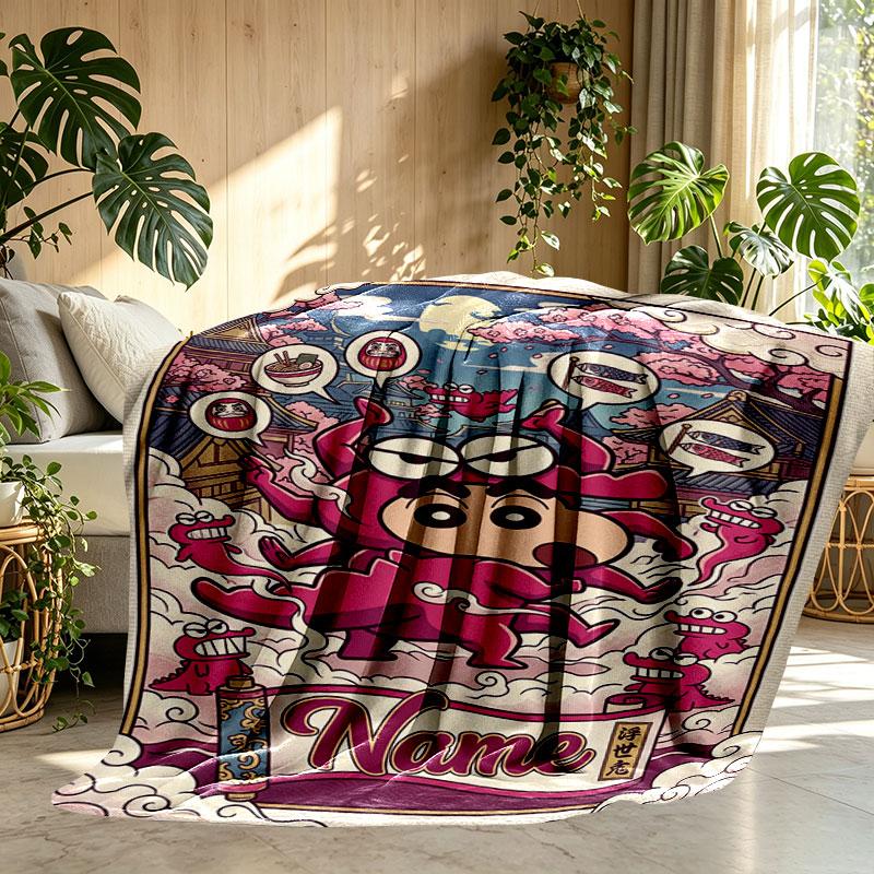 Custom Name Personalized Crayon Shin chan Print Blanket, Home Decor, Bedroom, Sofa, Camping, Couch, Gifts for Birthday Christmas