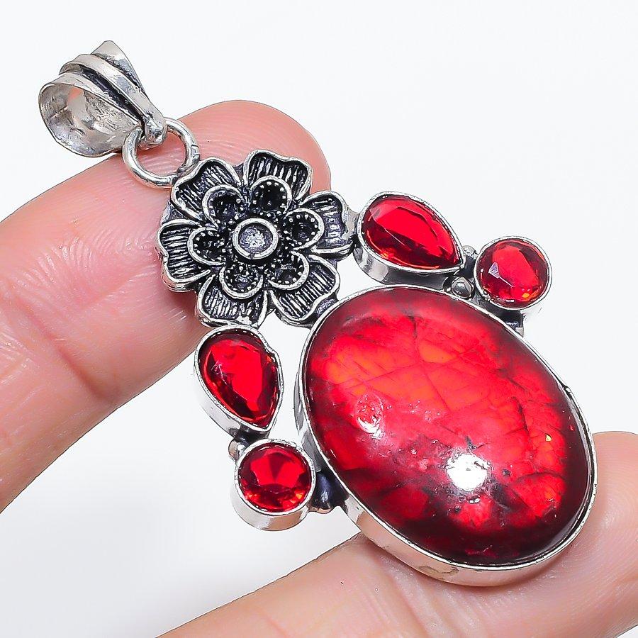 

Natural Red Labradorite, Garnet 925 Sterling Silver Jewelry Pendant 2.36 V0o34