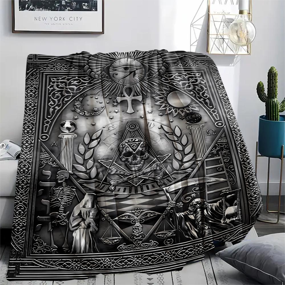 1Pc Masonic Freemason Print Flannel Blanket, High Quality Comfortable for All Seasons, Home Decor, Warmth and Comfort, Perfect for Christmas Gifts