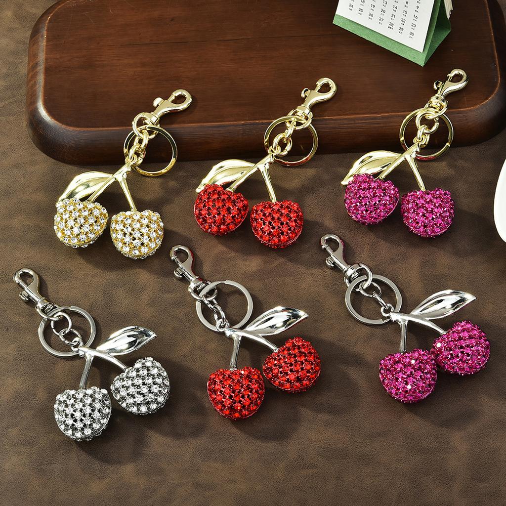 Sparkling 3D Cherry Keychain Charm Bag Accessory Fashionable Rhinestones Fruit Shaped Key Ring Ornament for Women