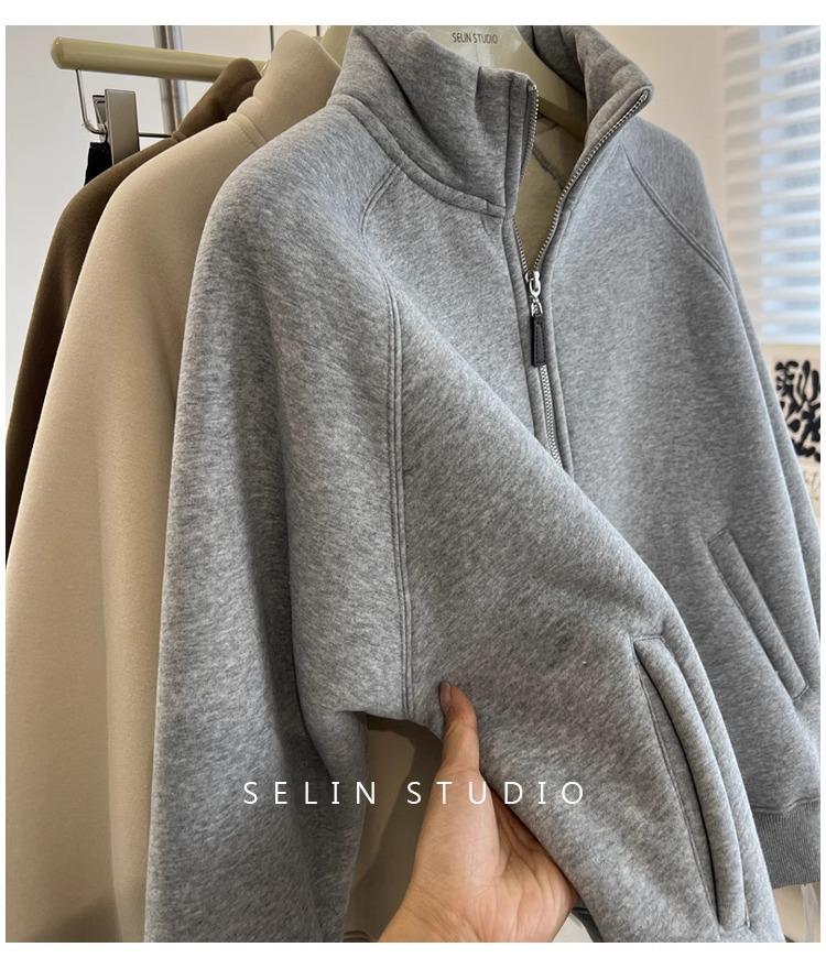 Women's Lambswool Fleece-Lined Stand Collar Zip-Up Cardigan – Thick, Versatile, Loose-Fit Winter Outerwear