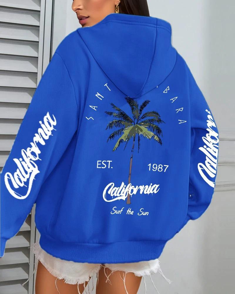 Women's Coconut Tree Print Casual Fleece Hoodie with Pockets