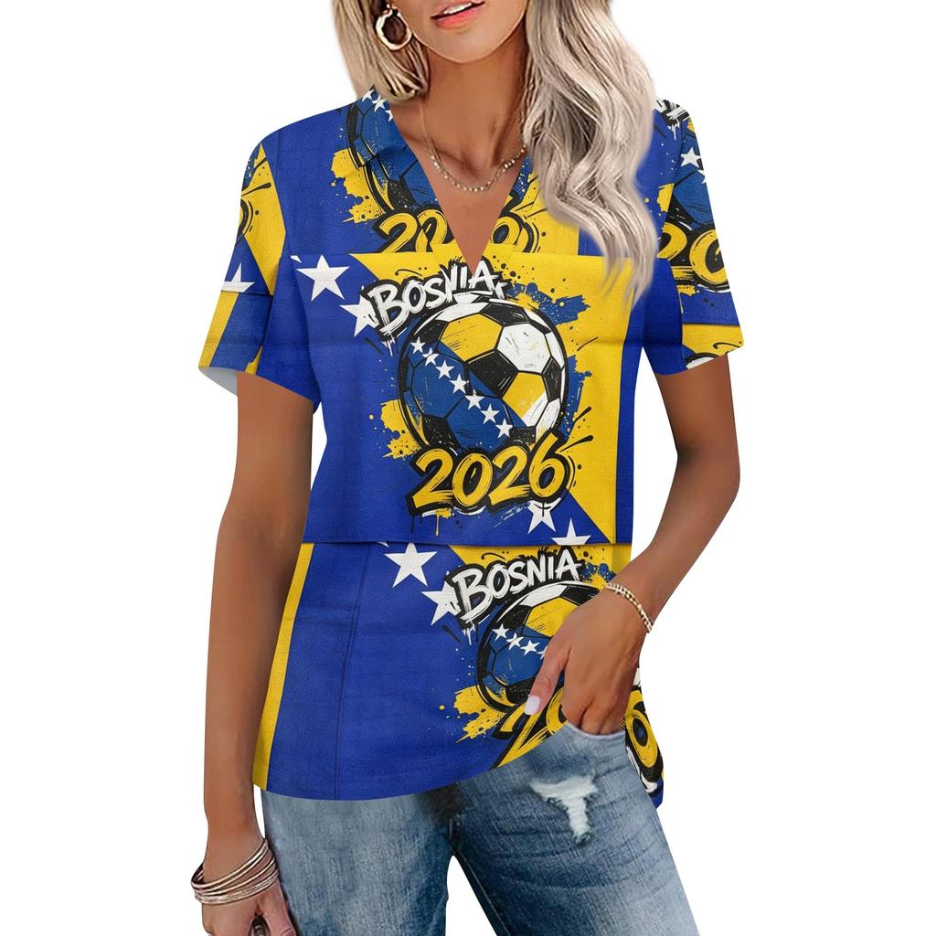 Women's Casual V Neck Short Sleeve Polo Shirt with Graphic Print Soft Lightweight Summer Top for Outdoor Everyday Wear