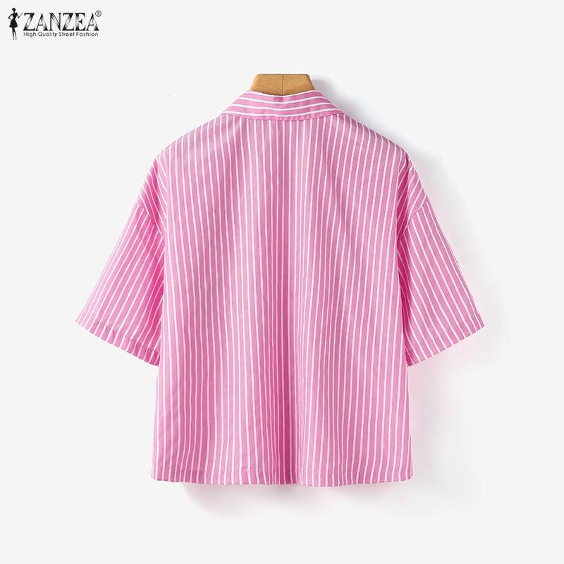 ZANZEA Women Turn Down Collar Loose Casual Short Sleeve Stripe Blouse