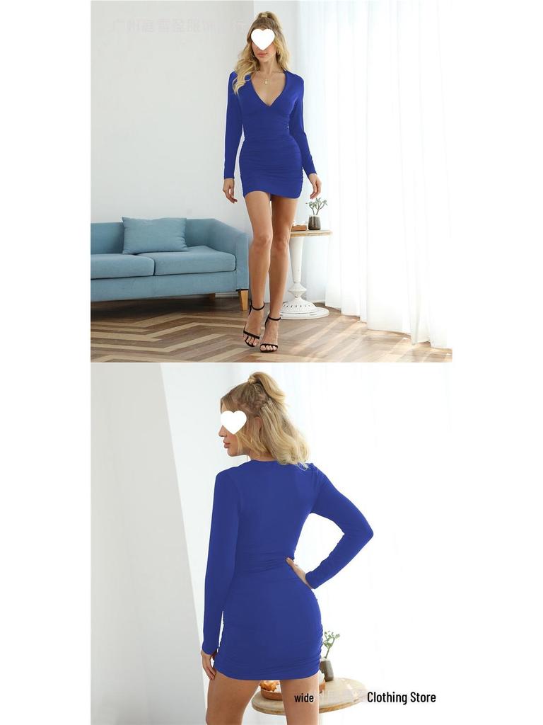 European Sexy Deep V Ruffled Bodycon Dress for Autumn/Winter