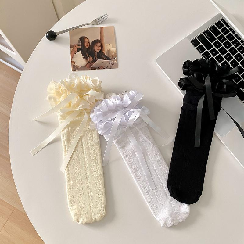 Lace Lace Stockings Children'S Lolita Bow Ribbon Women'S Socks Long Calf Socks Summer Thin Stacking Socks