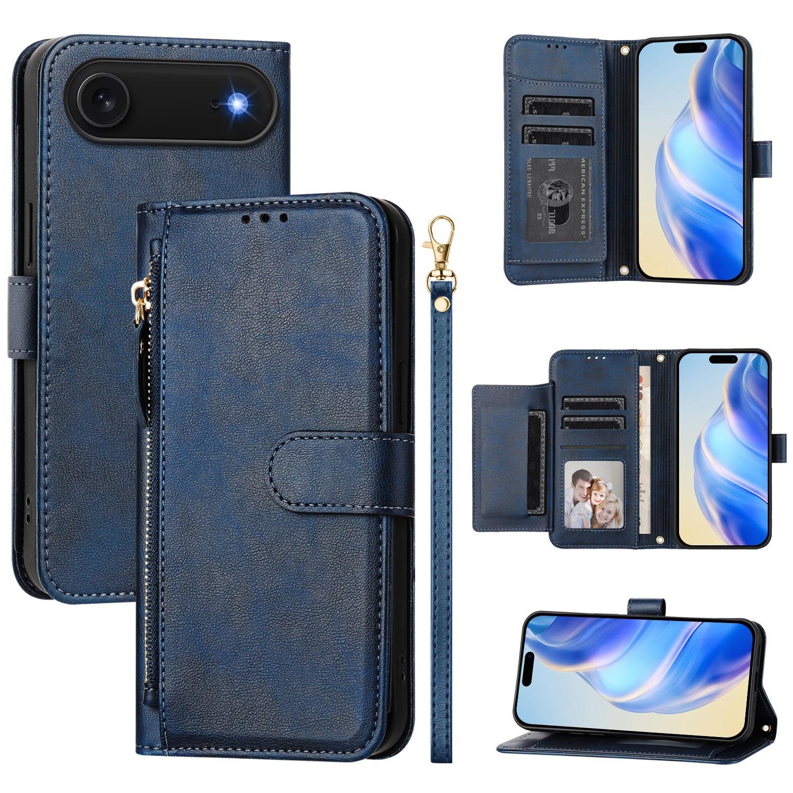 

For iPhone 17 Air Case Zipper Pocket Multiple Card Slots Leather Phone Cover Blue