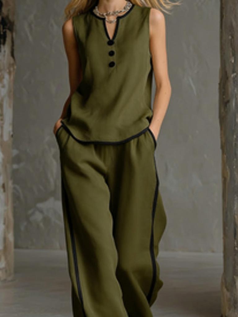Summer Sleeveless V-Neck  Black Trim Color Block, Simple and Elegant; Wide Leg Pants Style, High-Rise Slim Fit