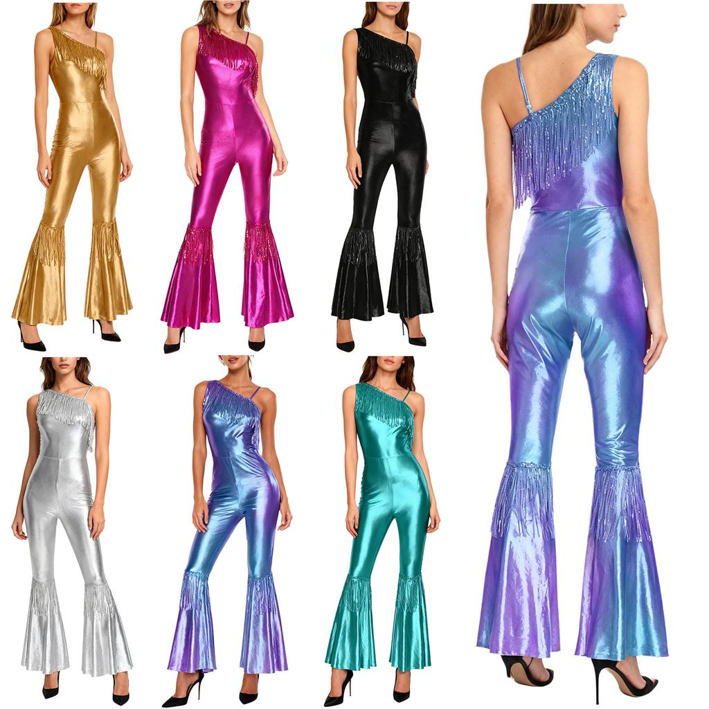 Abbigliamento da Festa Disco da Donna S-3XL: Tuta Monospalla Senza Maniche a Zampa con Frange e Paillettes, Pronta per il Tema Retrò
