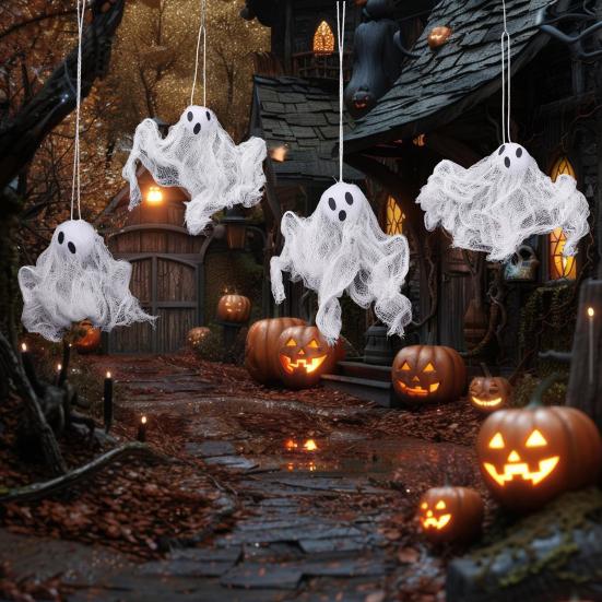 Malá závěsná dekorace duch Halloween Bílý duch z látky s okénky Stromové ozdoby pro venkovní dvůr trávník dekorace strašidelného domu