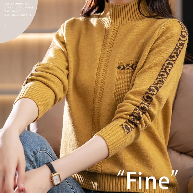 Half Turtleneck Warm Sweater for Women Short Solid-color Loose Knitted Sweater for Autumn and Winter Casual Long-sleeved Pullover