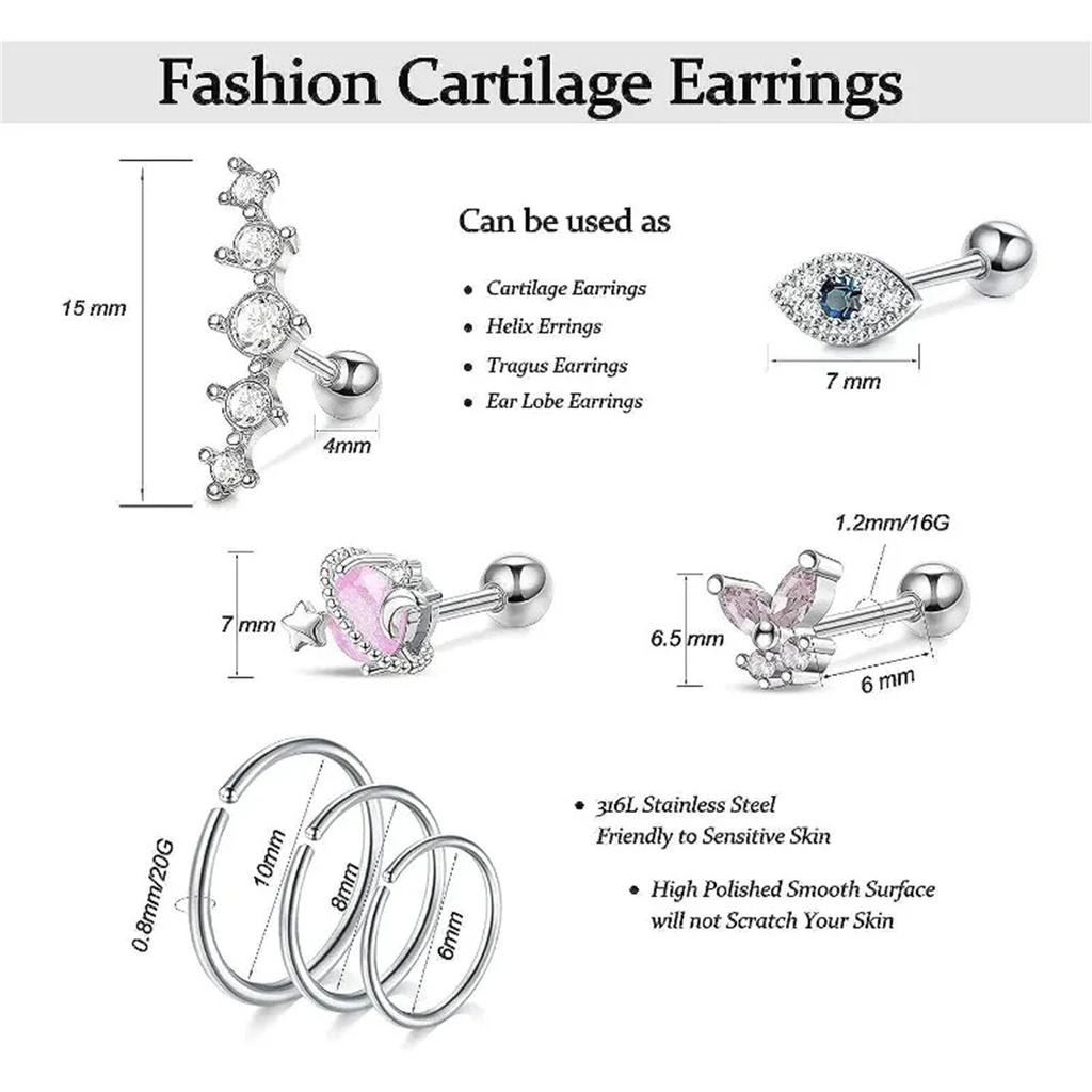 16Pcs 16G Hypoallergenic Cartilage Earrings Set Tragus Conch Helix Studs Daily Jewelry for Women Men