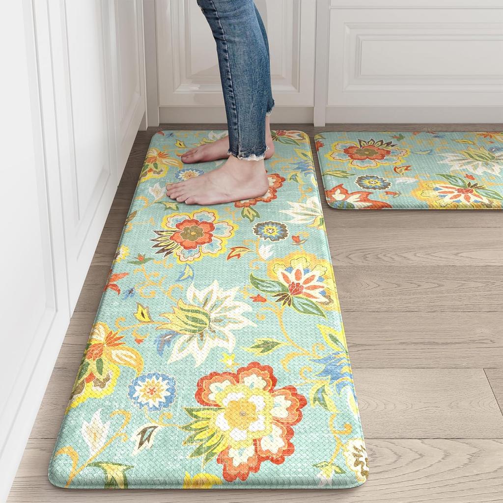 Anti Fatigue Cushioned Memory Foam Kitchen Rugs Floral Print Non Skid Waterproof Non-Slip Thick Cushioned Kitchen Mat Heavy Duty Comfort Standing Mat