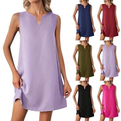 Women's Fashion Sleeveless V-Neck Classic Solid Color Vintage Casual Vest Dresses